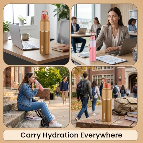 Image of Perch Magic ISI Certified Stainless Steel Water Bottle 1 Ltr | Fridge Bottle with Sipper Cap & Straw | Single Wall | BPA Free | Lightweight | For Home, Office, Gym, Travelling Set of 2 (Brown & Pink)