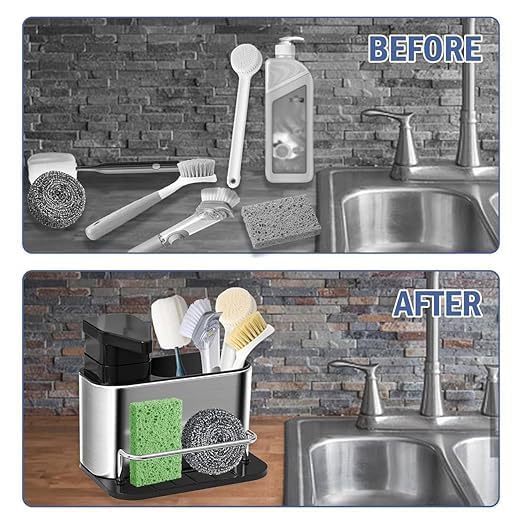 JEEJEX 3 in 1 Kitchen Sink Caddy with Soap Dispenser & Sponge Holder | Stainless Steel Sink Organizer for Kitchen Counter | Rust-Free Dishwashing Liquid Bottle Stand β Silver 2