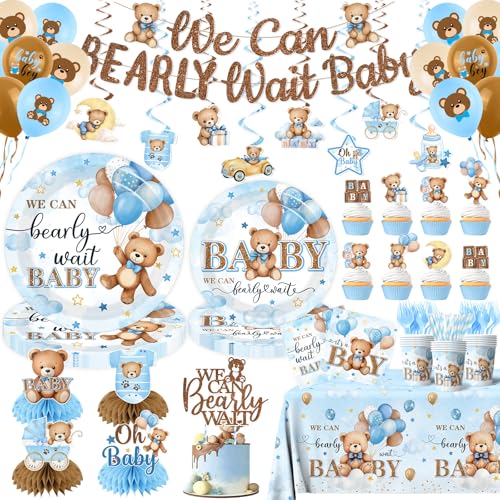 Blue Bear Baby Shower Decorations 219Pcs Baby Shower Tableware Set Banner Plates and Napkins Tablecloth Cake Toppers Honeycomb Balls for Boy Neutral Bear Themed Party Decorations Severs 24