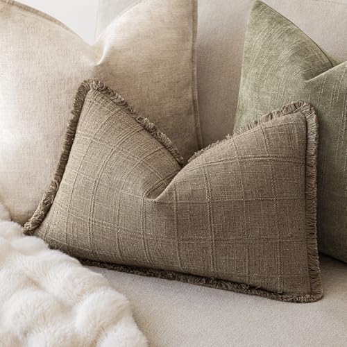 Image of Foindtower Set of 2 Decorative Linen Check Fringe Throw Pillow Covers Farmhouse Lumbar Cushion Covers Modern Boho Home Decor for Sofa Chair Couch Bedroom Living Room,12x20 Inch,Cocoa Brown