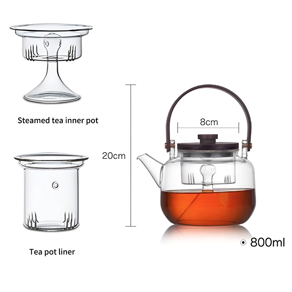 Teiera in vetro con colino, 800 ml, teiera per tè in fiore, con coperchio in legno per fornelli elettrici
