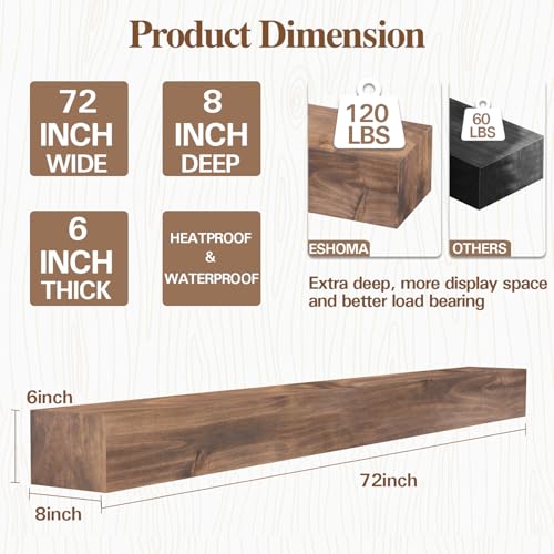 Fireplace Mantel, 72 in Handcrafted Mantel Shelf for Over Fireplace, Wood Mantel with Invisible Heavy Duty Wood Bracket, Floating Mantel Shelf, Brown - Image 3