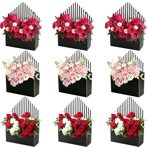 FYSUIMU 9Pcs Mothers Day Floral Envelope Box Empty Flower Stripe Paper Box Florist Bouquet Packaging Box for Valentines Day Wedding Birthday Party Arrangements Black