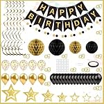 ZERODECO Black Gold Birthday Decorations, Easy to Assemble Happy Birthday Banner with Honeycomb Ball, Balloon, Hanging Swirl Streamer, Garland, Party Decorations for Women Men - Image 2