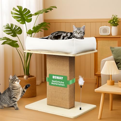 Premium Kratzbaum mit Katzenbett - EXTRA-Breite Kratzsäule aus Birkenholz | 25kg Belastbar & Dickes Sisal & Bio-Leinenkissen | Einfache Montage...