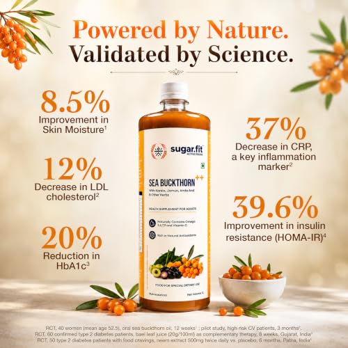 Image of Sugar.fit Himalayan Sea Buckthorn Juice 1000ml | Cold Pressed Seabuckthorn Berry Pulp with 14 Herbs - Amla, Karela, Jamun | Natural Vitamin C, Omega 3 6 7 9 | Immunity, Skin Glow & Gut Health