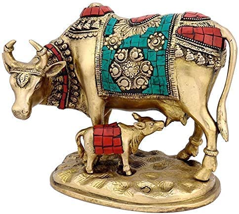 Dhanvantri Brass Kamdhenu Gay Figrine/Gau MATA with His Baby/Surabhi Statue/Holy Cow and Calf/for Home Office Temple Decor/Showpiece Murti/W-3Kg
