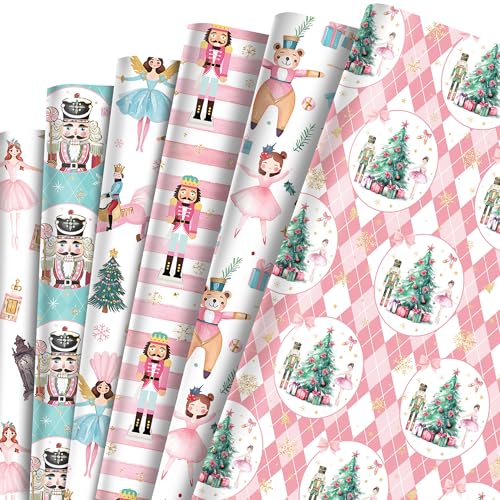 Papier cadeau Casse-noisette de Noël (lot de 12 feuilles 68x50 cm) avec ballerines et sapins