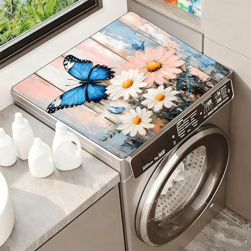 Image of Washer Dryer Top Cover Mat, Non-Slip Laundry Room Decor, Laundry Room Kitchen Appliance Decor Protector Universal 23.6 inchx19.7 inch (Blue Butterfly Daisy)