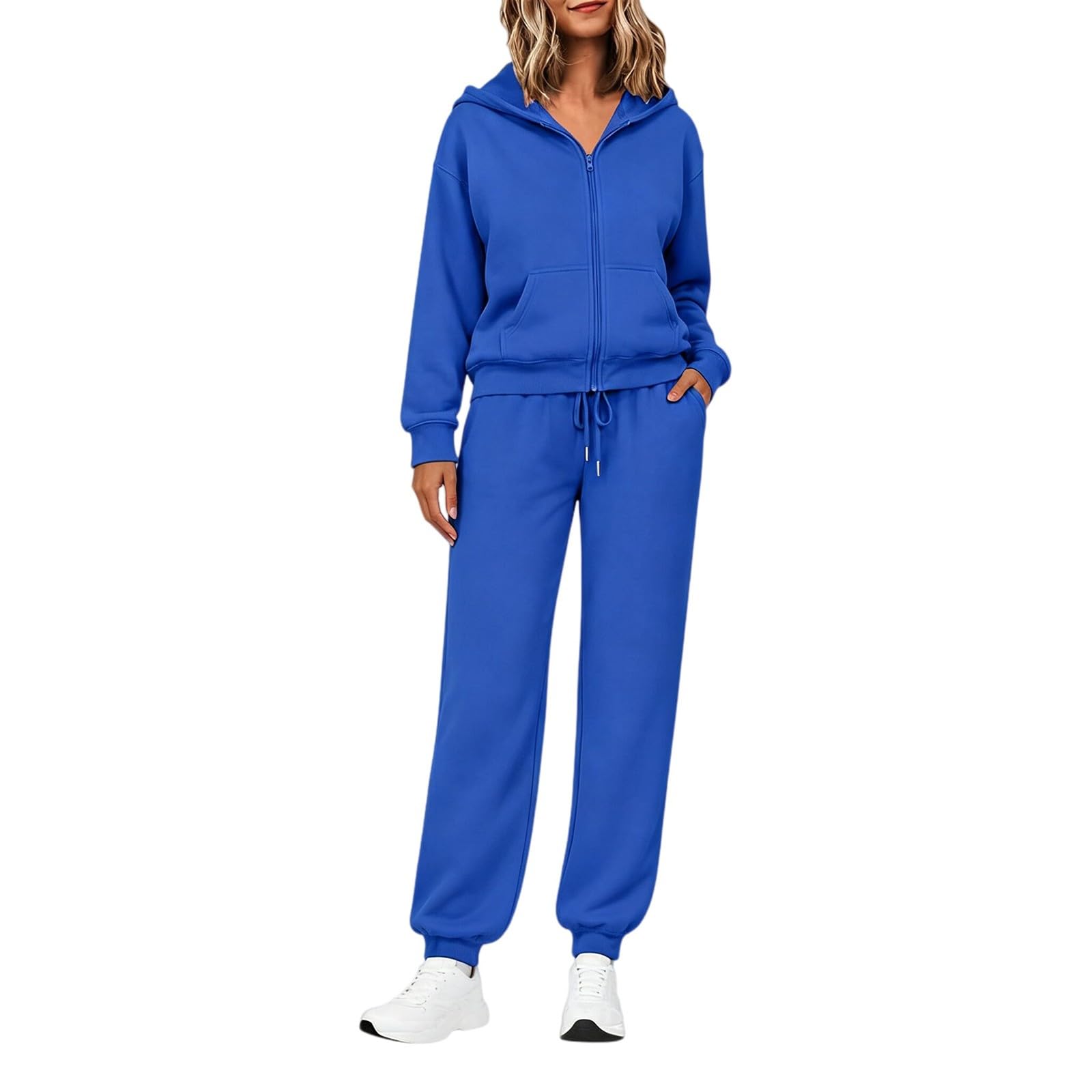 Ensemble de jogging pour femme avec capuche - Survêtement de sport en coton | Sweat à capuche décontracté avec fermeture éclair, veste à capuche, couleur unie, pantalon de survêtement, coupe classique