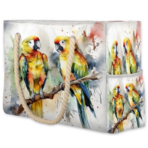 Watercolor Bird Tree Branch Beach Bag for Women Waterproof Sandproof Tote with Zipper Cotton Rope Handles for Travel Pool Gym Shopping