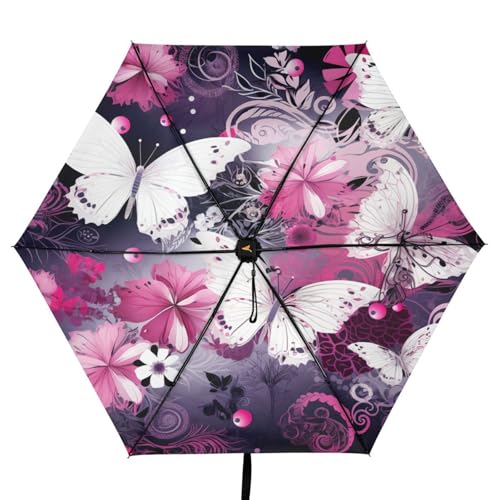 Parapluie pliant à papillons roses avec protection UV et design aquarelle
