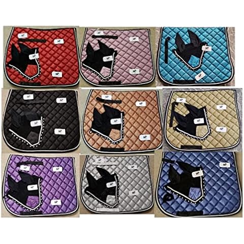 Lift Sports Glittery Shine Horse English Saddle Pad Set with Matching Fly Bonnet Set Ear Net Fly Veil (Blue) Cover