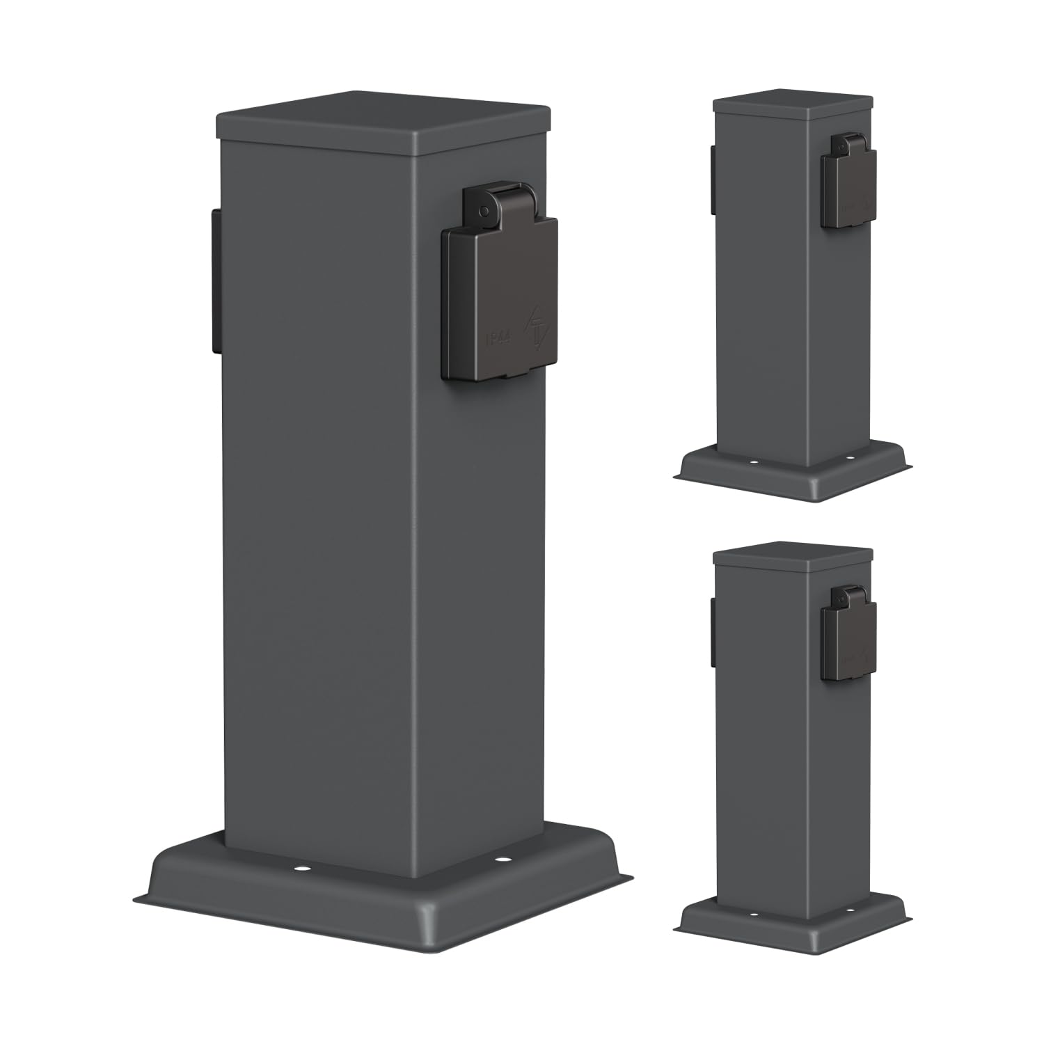 ledscom.de 3X Garten Steckdosensäule Polly für außen, IP44, 2-Fach, Edelstahl, anthrazit, eckig, 27 cm