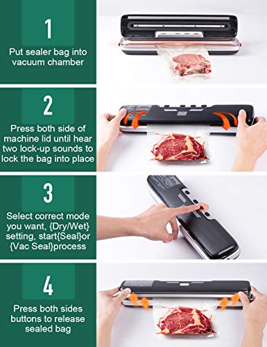 Vacuum Sealer Machine, BNT Automatic Food Saver Machine, Compact Food Sealer for Food Preservation, Dry & Moist Food Modes, Led Indicator Light, 15 Pack Vacuum Sealer Bags