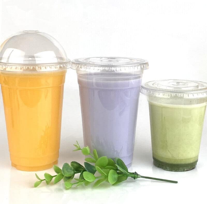 We Can Source It Ltd - rPET Plastic Smoothie Cups 12oz with Flat Lids and Straw Slots – Clear Cold Drink Cups for Milkshakes, Iced Drinks – Stackable and Strong Disposable Tumblers - Pack of 100