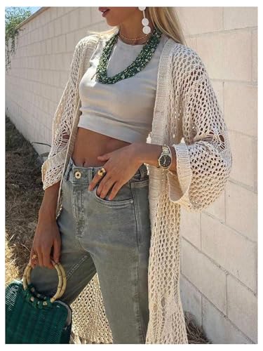 GORGLITTER Women's Long Duster Cardigan Sweaters Oversized Open Front Crochet Fringe Lightweight Knit Cardigan2