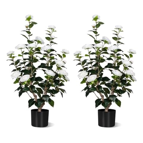 2Pack Artificial Camellia Tree, 35" Flower Plants Artificial Tree, Faux Floral Blooming Flower Tree, 3FT Tall Realistic Greenery Plant with Black Pots for Indoor Outdoor Office Home Porch Decor, White Cover