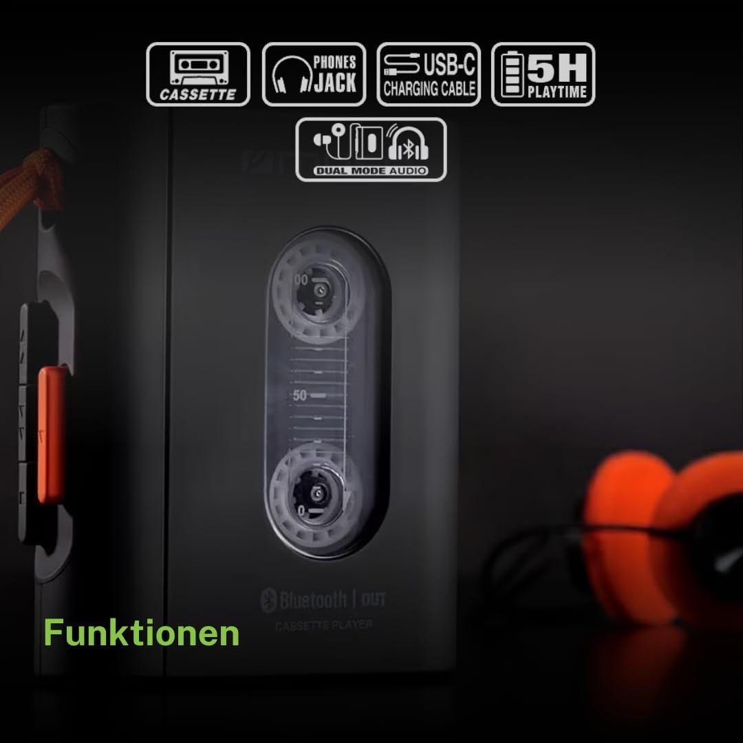 M-136 WM Tragbarer Kassettenspieler mit Bluetooth-Sender, USB-C Akku, 3,5-mm-Klinke, Stereo-Kopfhörer, 5 Std. Wiedergabe