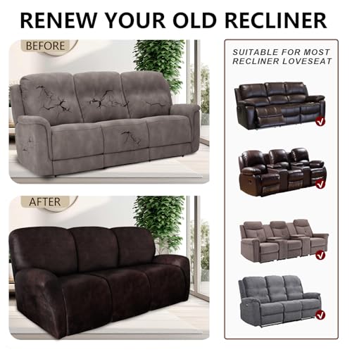 Image of ANARACHON Leather Look Recliner Couch Cover 8-Piece Recliner Sofa Slipcovers 3 Seater for Reclining Couches Furniture Protector Washable (Recliner Sofa, Chocolate)