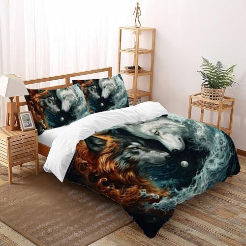 Housse de couette loup fermeture éclair microfibre imprimé 3D glace et feu King