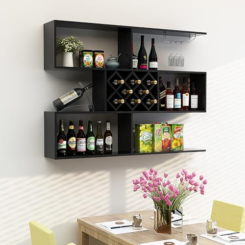 MSHGSKU Botellero de Metal para Pared con Soporte para Copas, Elegante Mueble Bar Colgante para Cocina o Comedor, con estantes para Mini Bar y exhibición de Vino y Whisky.