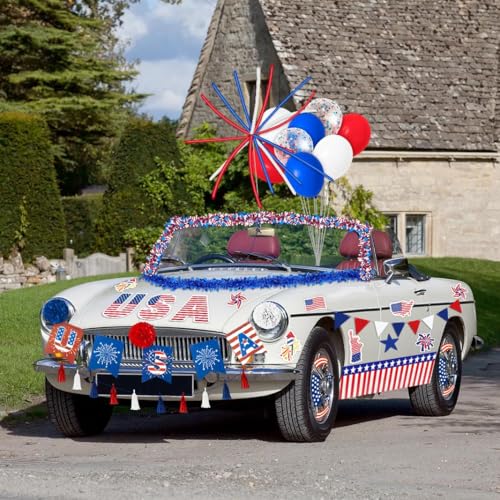 Image of 57Pcs 4th of July Parade Car Decoration Kit - Flag, Tinsel Garlands, Banners, Etc - Red White Blue Decor for Patriotic Independence Day Party Favors