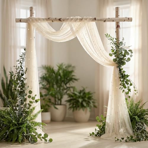 Image of Wedding Arch Draping Fabric with Pearl 28.7 inch x 20 ft Ivory White Sheer Gauze Fabric Backdrop Drapery for Wedding Arbor Ceremony Bridal Shower Birthday Party Reception Decor (Ivory White)