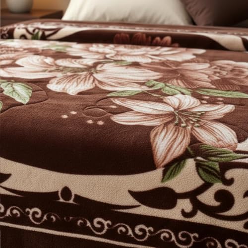 Image of Luxurious Heavyweight Microfiber Korean-Style Plush Blanket, Floral Velvet, 240x220 cm, Winter Comfort, Single Layer (Brown Multicolor, Double)