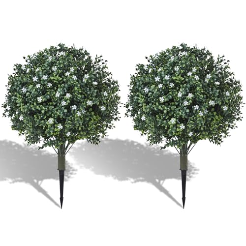 KMTOSA Artificial Boxwood Topiary Shrub with White Flowers,Set of 2 Artificial Boxwood Ball Bush