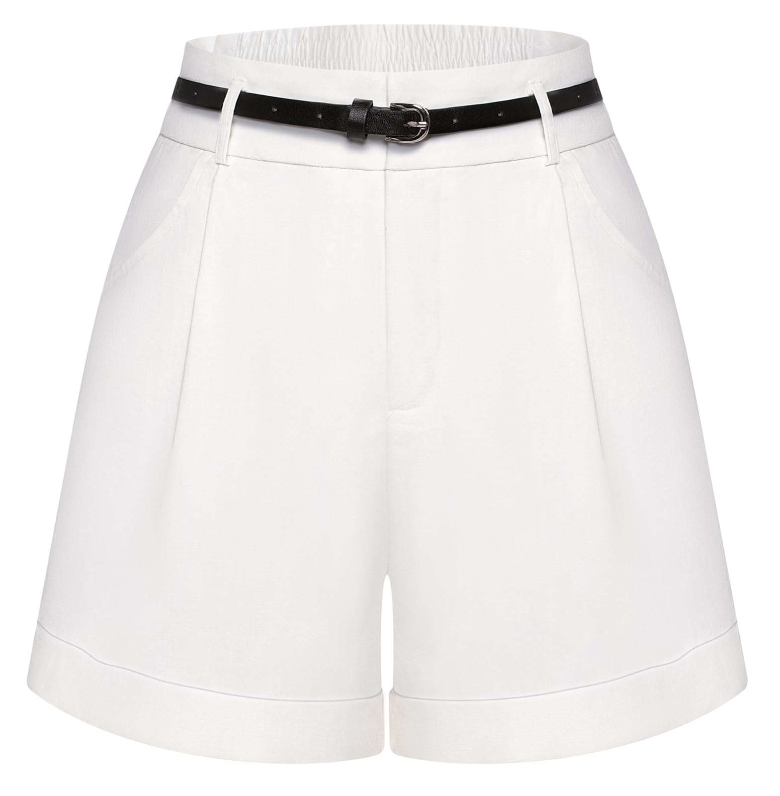 Belle Poque Women Bermuda Shorts Elastic Waist Wide Leg Shorts with Pockets &amp; Belts