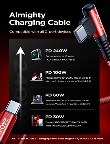 Image of AINOPE 240W USB-C Cable (6.6ft 2Pack), Right Angle Charger for iPhone 16, MacBook Pro, iPad Pro /Air, Samsung, Red