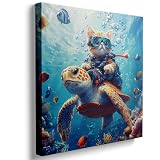 DUFIPOR Sea Turtle Funny Cat Ocean Beach Canvas Wall Art for Bathroom