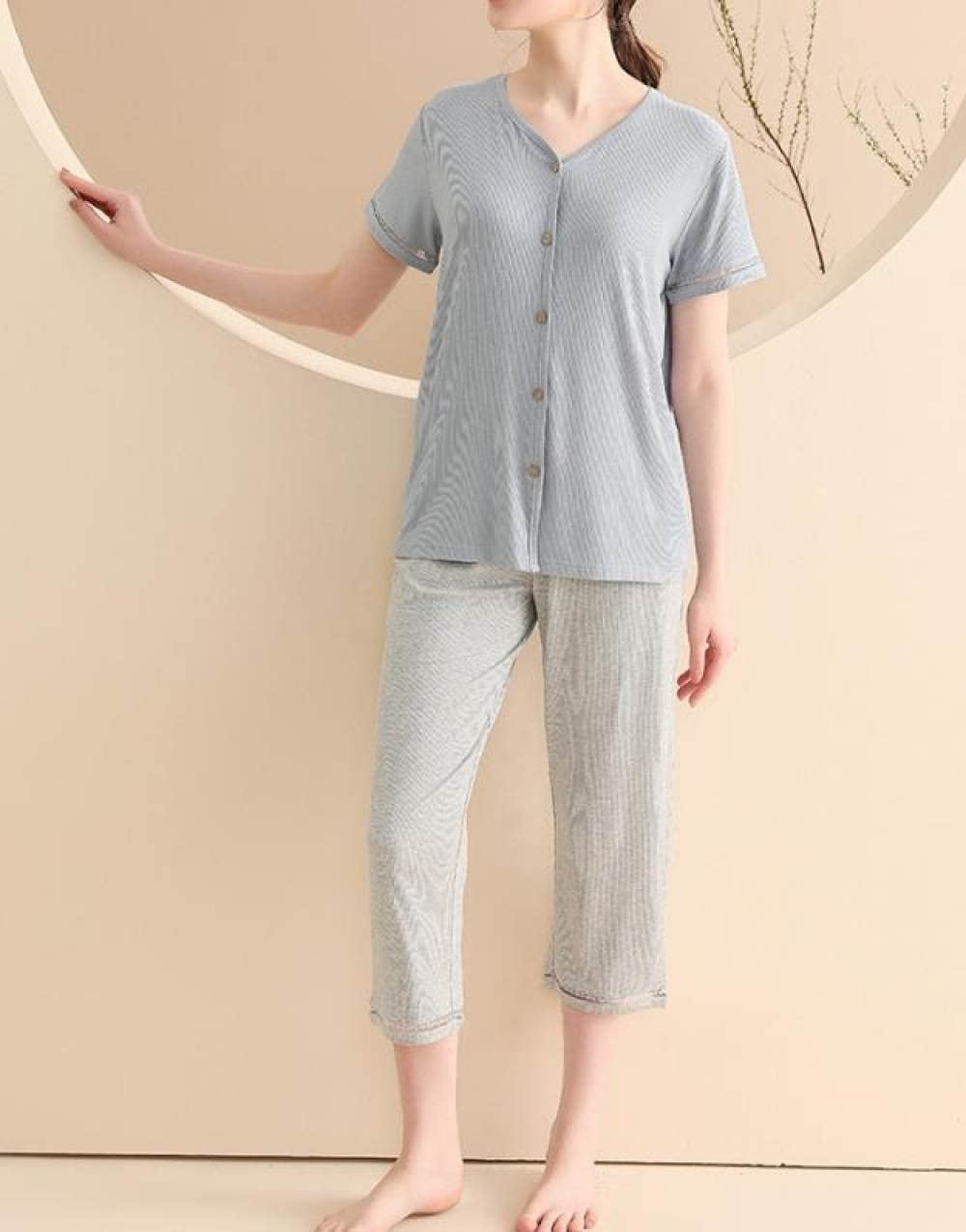 SNPP Été Pyjama Femme,Ensemble De Pyjama D'Été Confortable, Pyjama Deux Pièces Extensible, Manches Courtes Boutonnées Bleues Et Ensemble De Pantalons Courts, Vêtements De Maison pour Un Usage Quot