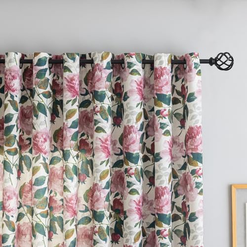 Image of Linen Blend Glass Sliding Door Curtain 100x84 inches Vintage Floral Patio Door Curtains Extra Wide Privacy Curtains for Room Divider Grommet Farmhouse Country Chic Drapes 1 Panel W100 x L84 Pink