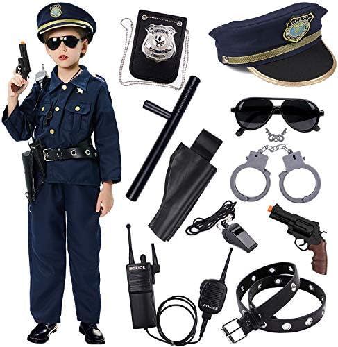 Police Dress Up Costume Set Shirt, Pants, Hat, Belt, Whistle, Gun Holster and Walkie Talkie (Small (5-7 year))