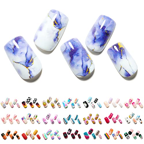 Press on Nails Medium Short Square GLAMERMAID, Purple Gold Marble Fake Nails with Design Blooming Acrylic False Nail Kits Stick Glue on Nails Sets for Women Reusable Full Cover Gel Nails 24Pcs