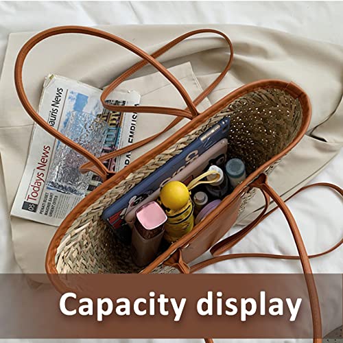 Summer Beach Handwoven Straw Basket Bag With Leather Panels - Rattan Crossbody Shoulder Bag for Women4