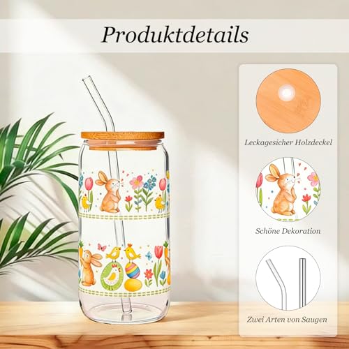 Ostertassen Glas, 500ml Tasse Ostern mit Deckel und Strohhalmen, Frühlings Design, Matcha Glas Set für Eiskaffee, Smoothies, Teeliebhaber, inkl Reinigungsbürste