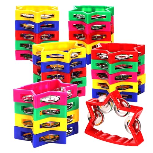 Okllen 20 Pack Plastic Tambourine, Noise Makers Percussion Tambourine Bulk, Star Shape Handheld Tambourines with 4 Bells for Church Christian Kindergarten, 5 Colors