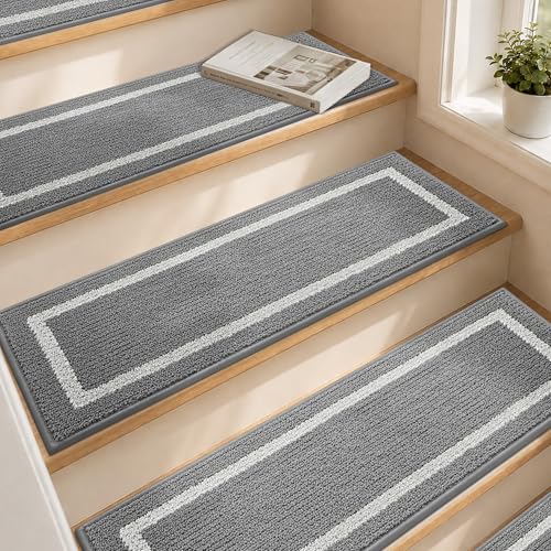 COSY HOMEER Soft Stair Treads 15pcs Non-Slip Carpet Mat 28inX9in,Grey