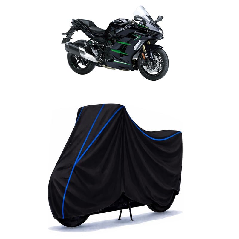 Image of Ninja H2 SX Bike Cover Water Resistant Universal Motorcycle Rain | Heavy Duty UV Protection, Dust, Scratch Indoor Outdoor All Weather with Black Blue Piping Elastic