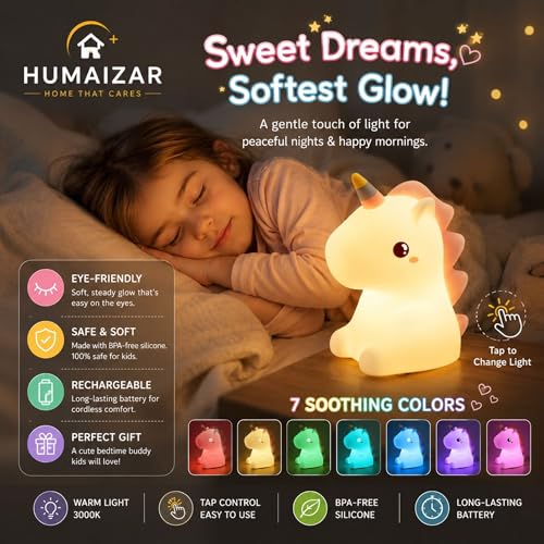 Image of HUMAIZAR Cute Unicorn Silicone LED Night Lamp - Soft Touch Kids Bedside Light for Girls Room, Nursery, Baby Sleep Lamp & Aesthetic Bedroom Decor