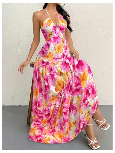 Image of SHENHE Women's Deep V Neck Tie Knot Backless Halter Dress A Line Flowy Ruffle Maxi Dress