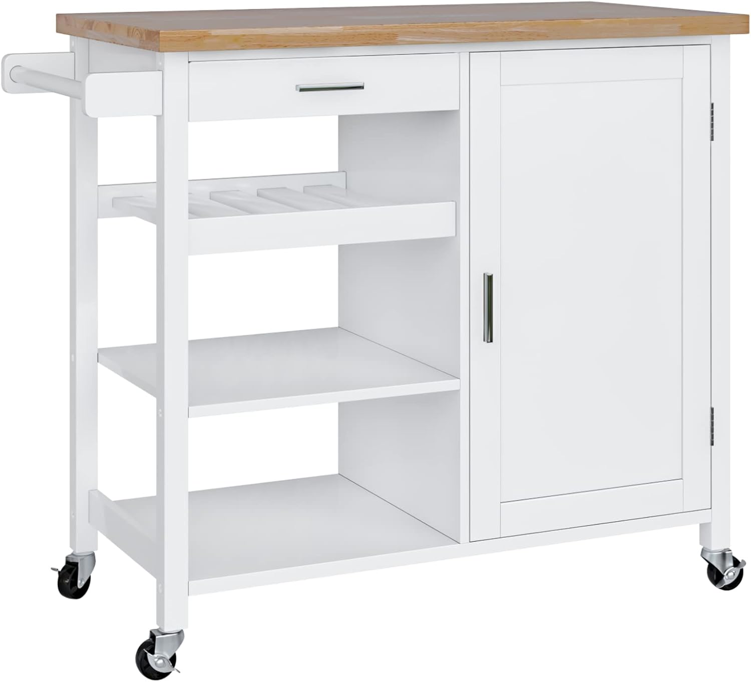 Kitchen Island on Wheels with Storage Drawer and Cabinet, Rolling Kitchen Cart with Open Shelves, Rubberwood Tabletop and Towel Rack, Lockable Casters, 37.8" D x 19" W x 35.2" H, White : Home & Kitchen
