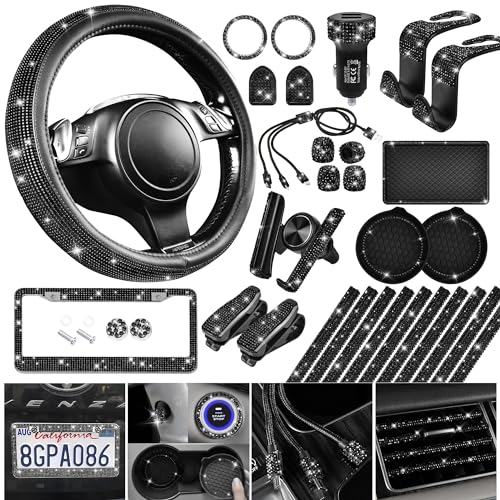 CAR PASS 30 PCS Bling Diamond Car Accessories Set for Women, Bling Steering Wheel Covers 15 Inch, Shining Rhinestone License Plate Frame, Sparkly Phone Holder, Cute Interior Set Decorations, Black