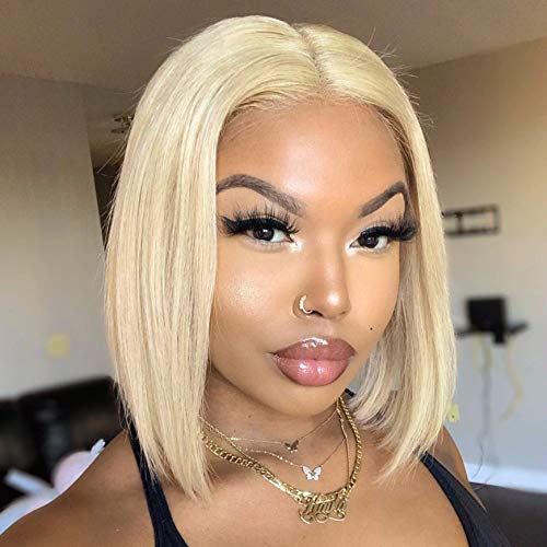 T Part Lace Front Wig For Black Woman Lace Wig Human Hair Wig Brazilian Virgin Human Lace Front Wig Straight Bob Wig 613 Blonde Short Bob Wigs(14 inch, 613#)