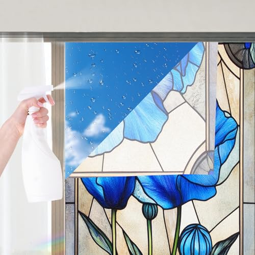 Image of Nuxovilar Gothic Rainbow Blue Flowers Window Film 17.5x39.3 in PVC