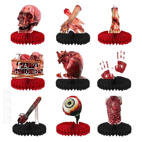 Samuliy Decoraciones de fiesta sangrienta, decoraciones de fiesta de Halloween, decoraciones de mesa, juego de 9 decoraciones aterradoras, centros de mesa de Halloween para fiestas temáticas