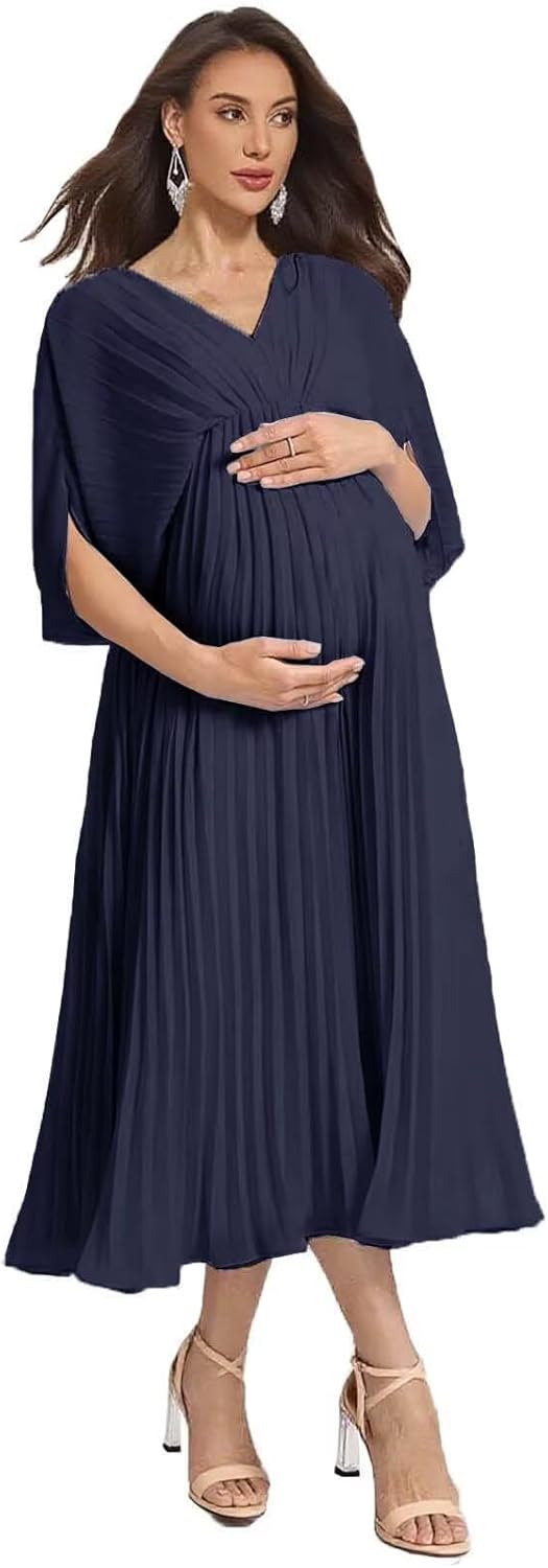Chiffon Pleated Maternity Dress for Photo Shoot V Neck Tea Length Casual Baby Shower Dresses with Short Sleeves